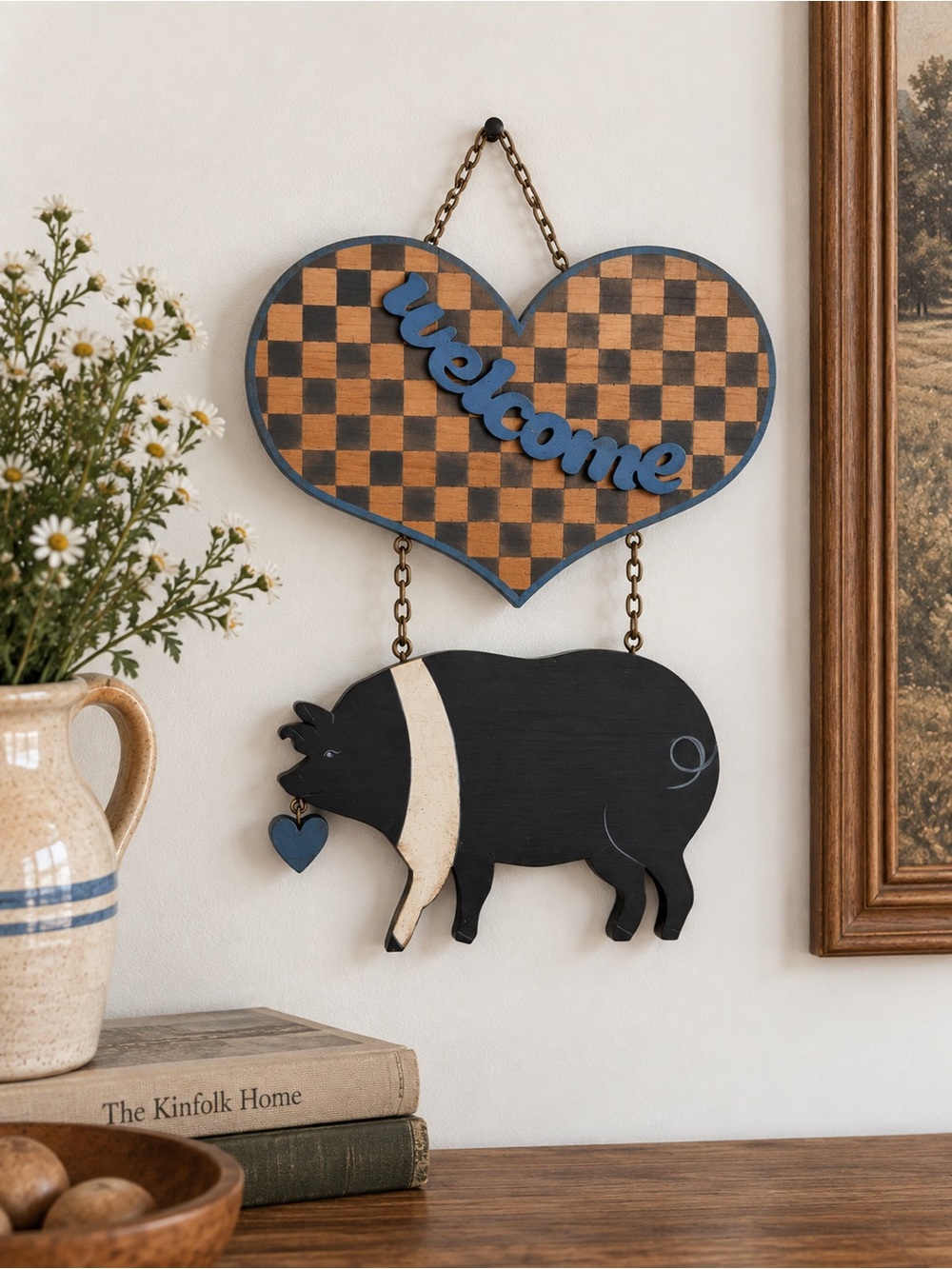 Vintage Black & Tan Checked Heart Pig Welcome Wall Hanging